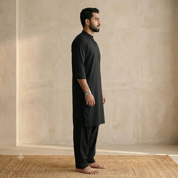 Men's_Jet_Black_Solid_Cotton_Kurta_Salwar_Set