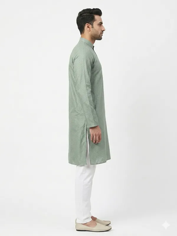 Premium_Men's_Olive_Green_Geometric_Patterned_Kurta_|_Festive_Ethnic_Wear