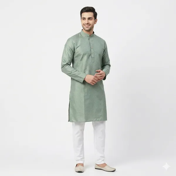 Premium_Men's_Olive_Green_Geometric_Patterned_Kurta_|_Festive_Ethnic_Wear