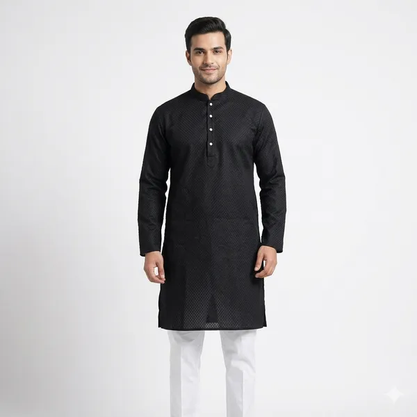 Men's_Premium_Black_Textured_Kurta_|_Stylish_Contrast_White_Buttons_|_Festive_Wear
