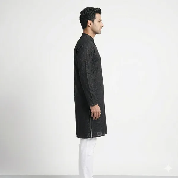 Men's_Premium_Black_Textured_Kurta_|_Stylish_Contrast_White_Buttons_|_Festive_Wear