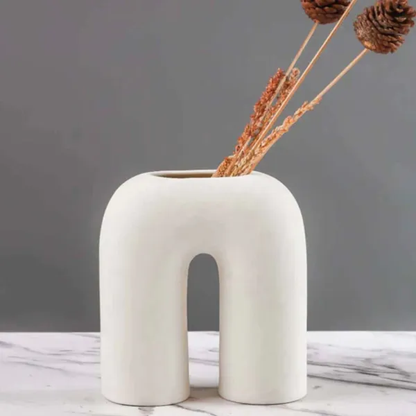 White_And_Cream_Abstract_Inverted_U-Shaped_Ceramic_Flower_Vase_For_Decoration