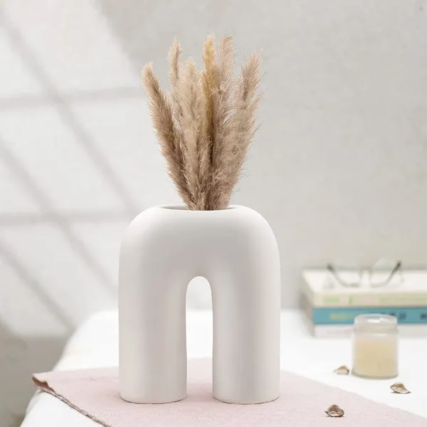 White_And_Cream_Abstract_Inverted_U-Shaped_Ceramic_Flower_Vase_For_Decoration