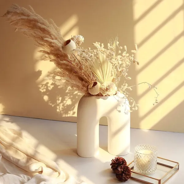 White_And_Cream_Abstract_Inverted_U-Shaped_Ceramic_Flower_Vase_For_Decoration