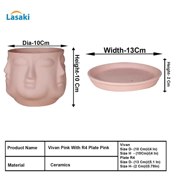 Vivan_Pink_With_Plate_Pink_R4_Ceramic_Pots_For_Indoor_Plants,Planters,Flower,Gamla,Outdoor(Pot-L-10_X_H-10_Cm,Plate-L-13_X_H-2_Cm)