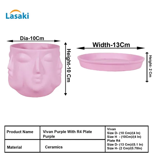 Vivan_Purple_With_Plate_Purple_R4_Ceramic_Pots_For_Indoor_Plants,Planters,Flower,Gamla,Outdoor(Pot-L-10_X_H-10_Cm,Plate-L-13_X_H-2_Cm)