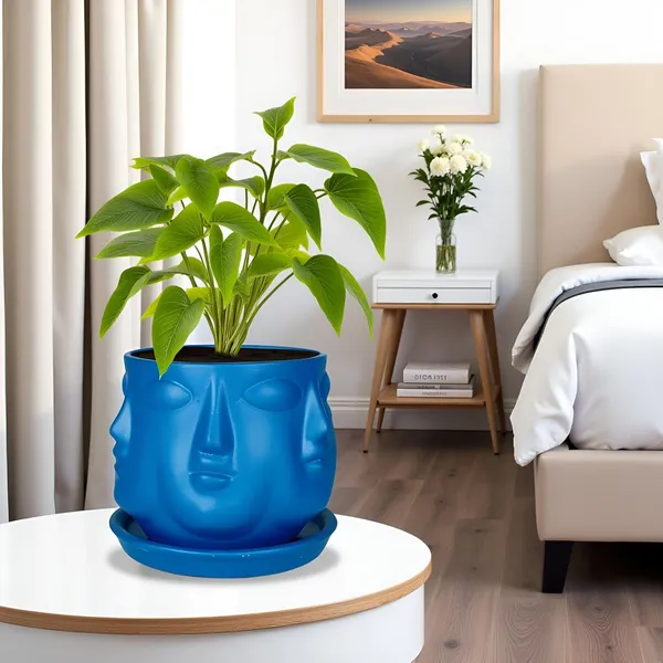 Vivan_Blue_With_Plate_Blue_R4_Ceramic_Pots_For_Indoor_Plants,Planters,Flower,Gamla,Outdoor(Pot-L-10_X_H-10_Cm,Plate-L-13_X_H-2_Cm)