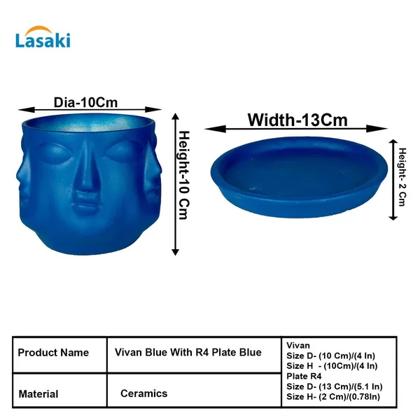 Vivan_Blue_With_Plate_Blue_R4_Ceramic_Pots_For_Indoor_Plants,Planters,Flower,Gamla,Outdoor(Pot-L-10_X_H-10_Cm,Plate-L-13_X_H-2_Cm)