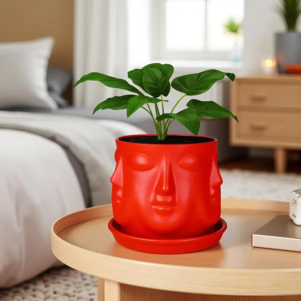 Vivan_Red_With_Plate_Red_R4_Ceramic_Pots_For_Indoor_Plants,Planters,Flower,Gamla,Outdoor(Pot-L-10_X_H-10_Cm,Plate-L-13_X_H-2_Cm)