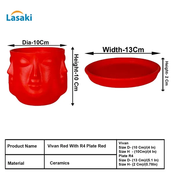 Vivan_Red_With_Plate_Red_R4_Ceramic_Pots_For_Indoor_Plants,Planters,Flower,Gamla,Outdoor(Pot-L-10_X_H-10_Cm,Plate-L-13_X_H-2_Cm)