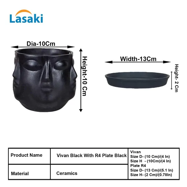 Vivan_Black_With_Plate_Black_R4_Ceramic_Pots_For_Indoor_Plants,Planters,Flower,Gamla,Outdoor(Pot-L-10_X_H-10_Cm,Plate-L-13_X_H-2_Cm)