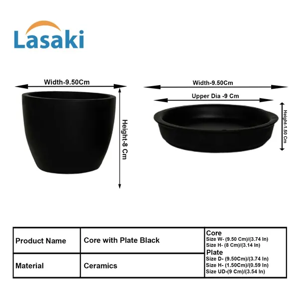Core_With_Plate_Black_Ceramic_Pots_For_Indoor_Plants,Planters,Flower,Gamla,Outdoor(Pot-D-9.5_X_H-8.5Cm,Plate-D-9.5_Xh-1.5_Cm)