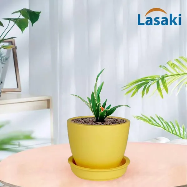 Core_With_Plate_Saffron_Ceramic_Pots_For_Indoor_Plants,Planters,Flower,Gamla,Outdoor(Pot-D-9.5_X_H-8.5Cm,Plate-D-9.5_Xh-1.5_Cm)