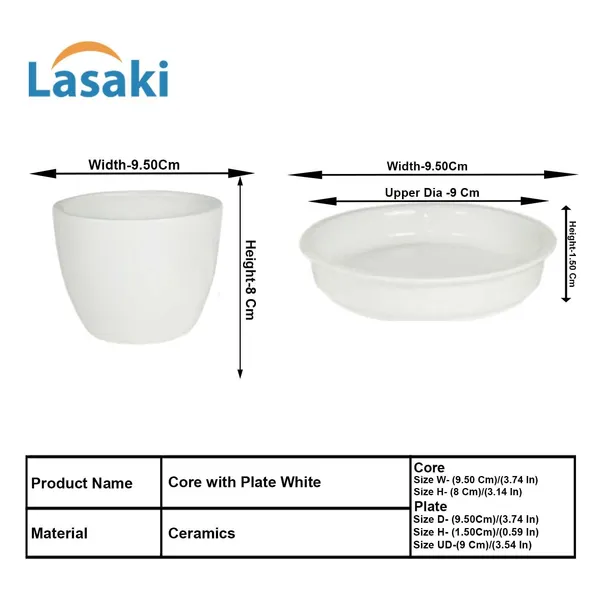 Core_With_Plate_White_Ceramic_Pots_For_Indoor_Plants,Planters,Flower,Gamla,Outdoor(Pot-D-9.5_X_H-8.5Cm,Plate-D-9.5_Xh-1.5_Cm)