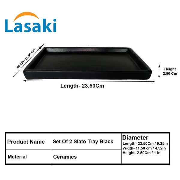 Slato_Tray_Black_Set_Of_2_|_Rectangle_Ceramic(Plates/Saucers)_For_Pots,Planters,Flowers,Succulents|Decorative_Garden_Accessories|(L_-_23.5_X_W_-_11.5_X_H_-_2.5_Cm)