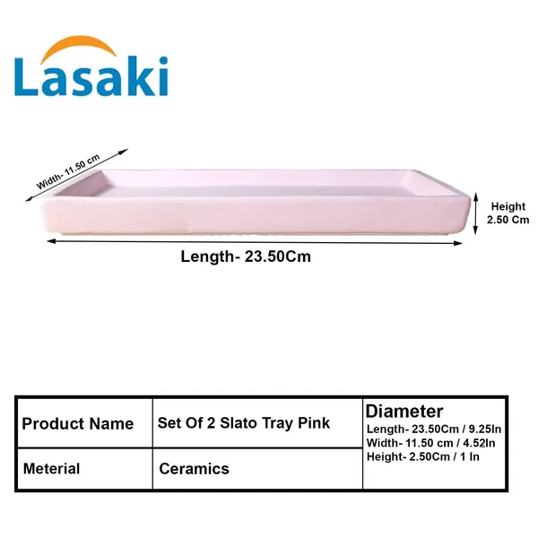 Slato_Tray_Pink_Set_Of_2_|_Rectangle_Ceramic(Plates/Saucers)_For_Pots,Planters,Flowers,Succulents|Decorative_Garden_Accessories|(L_-_23.5_X_W_-_11.5_X_H_-_2.5_Cm)