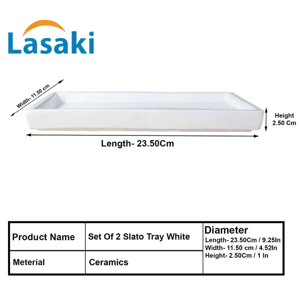 Slato_Tray_White_Set_Of_2_|_Rectangle_Ceramic(Plates/Saucers)_For_Pots,Planters,Flowers,Succulents|Decorative_Garden_Accessories|(L_-_23.5_X_W_-_11.5_X_H_-_2.5_Cm)