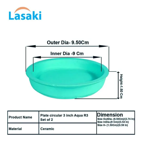 Plate_Circular_3_Inch_Aqua_R3_Set_Of_2_|_Round_Ceramic(Plates/Saucers)_For_Pots,Planters,Flowers,Succulents|Decorative_Garden_Accessories|(H_-_1.5_X_D_-_9.5_Cm)