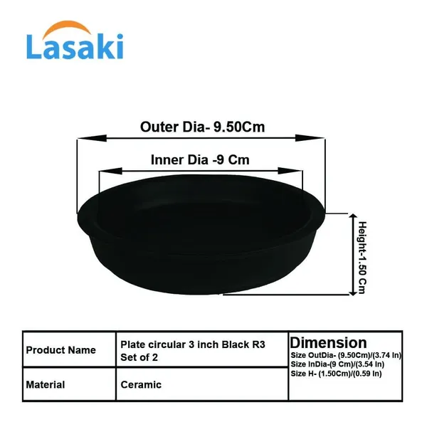 Plate_Circular_3_Inch_Black_R3_Set_Of_2_|_Round_Ceramic(Plates/Saucers)_For_Pots,Planters,Flowers,Succulents|Decorative_Garden_Accessories|(H_-_1.5_X_D_-_9.5_Cm)