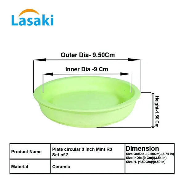 Plate_Circular_3_Inch_Mint_R3_Set_Of_2_|_Round_Ceramic(Plates/Saucers)_For_Pots,Planters,Flowers,Succulents|Decorative_Garden_Accessories|(H_-_1.5_X_D_-_9.5_Cm)
