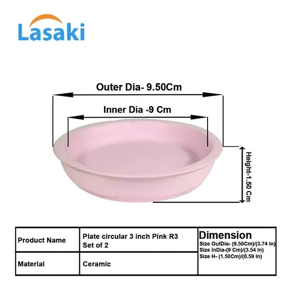 Plate_Circular_3_Inch_Pink_R3_Set_Of_2_|_Round_Ceramic(Plates/Saucers)_For_Pots,Planters,Flowers,Succulents|Decorative_Garden_Accessories|(H_-_1.5_X_D_-_9.5_Cm)