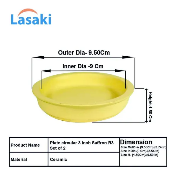 Plate_Circular_3_Inch_Saffron_R3_Set_Of_2_|_Round_Ceramic(Plates/Saucers)_For_Pots,Planters,Flowers,Succulents|Decorative_Garden_Accessories|(H_-_1.5_X_D_-_9.5_Cm)