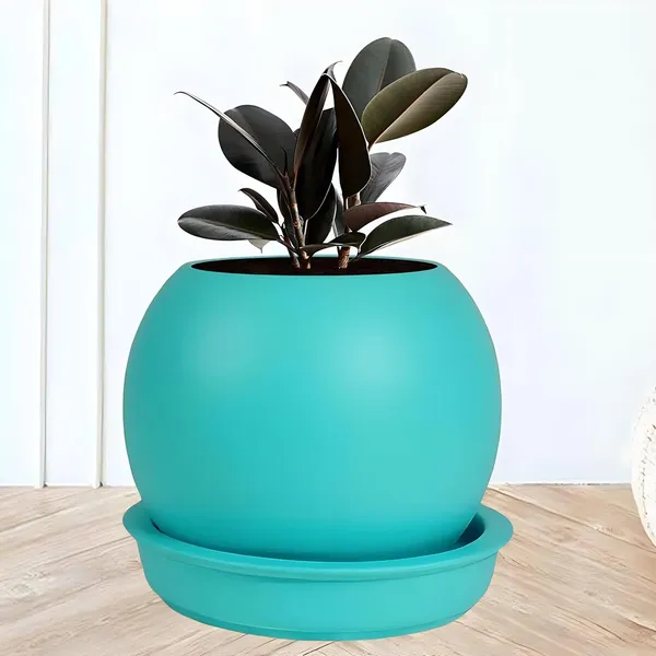 Peblo_Small_Aqua_With_Plate_R3_Aqua_Ceramic_Pots_For_Indoor_Plants,Planters,Flower,Gamla,Outdoor,Balcony,Home,Garden,Decor(Pot-H-7_X_D-9_Cm,Plate-H-1.5Xd-9.5Cm)