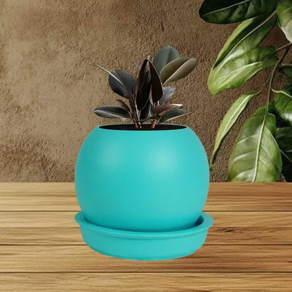 Peblo_Small_Aqua_With_Plate_R3_Aqua_Ceramic_Pots_For_Indoor_Plants,Planters,Flower,Gamla,Outdoor,Balcony,Home,Garden,Decor(Pot-H-7_X_D-9_Cm,Plate-H-1.5Xd-9.5Cm)