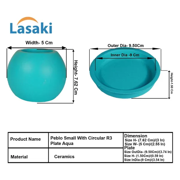 Peblo_Small_Aqua_With_Plate_R3_Aqua_Ceramic_Pots_For_Indoor_Plants,Planters,Flower,Gamla,Outdoor,Balcony,Home,Garden,Decor(Pot-H-7_X_D-9_Cm,Plate-H-1.5Xd-9.5Cm)