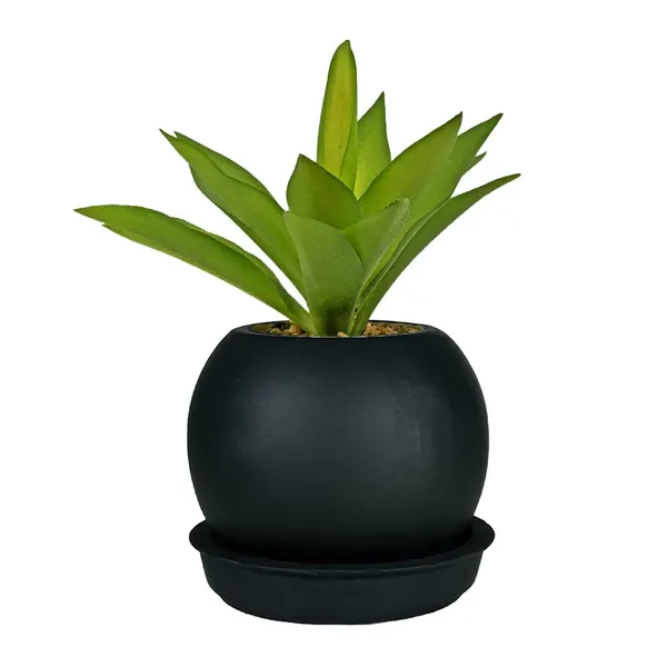 Peblo_Small_Black_With_Plate_R3_Black_Ceramic_Pots_For_Indoor_Plants,Planters,Flower,Gamla,Outdoor,Balcony,Home,Garden,Decor(Pot-H-7_X_D-9_Cm,Plate-H-1.5Xd-9.5Cm)