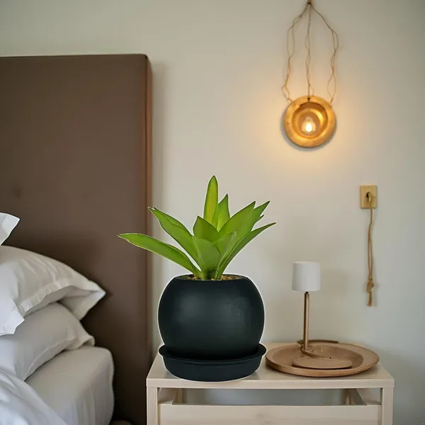 Peblo_Small_Black_With_Plate_R3_Black_Ceramic_Pots_For_Indoor_Plants,Planters,Flower,Gamla,Outdoor,Balcony,Home,Garden,Decor(Pot-H-7_X_D-9_Cm,Plate-H-1.5Xd-9.5Cm)