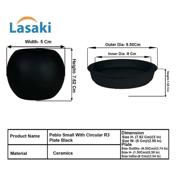 Peblo_Small_Black_With_Plate_R3_Black_Ceramic_Pots_For_Indoor_Plants,Planters,Flower,Gamla,Outdoor,Balcony,Home,Garden,Decor(Pot-H-7_X_D-9_Cm,Plate-H-1.5Xd-9.5Cm)