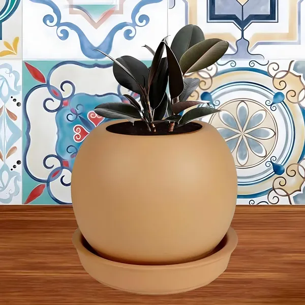 Peblo_Small_Ginger_With_Plate_R3_Ginger_Ceramic_Pots_For_Indoor_Plants,Planters,Flower,Gamla,Outdoor,Balcony,Home,Garden,Decor(Pot-H-7_X_D-9_Cm,Plate-H-1.5Xd-9.5Cm)