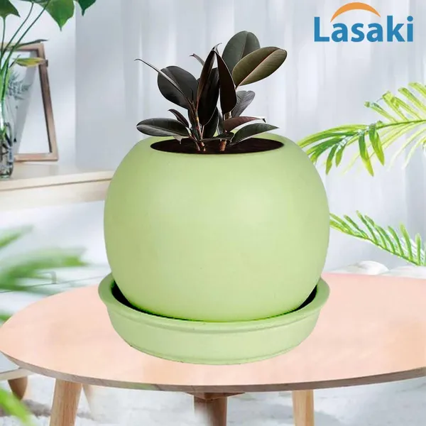 Peblo_Small_Mint_With_Plate_R3_Mint_Ceramic_Pots_For_Indoor_Plants,Planters,Flower,Gamla,Outdoor,Balcony,Home,Garden,Decor(Pot-H-7_X_D-9_Cm,Plate-H-1.5Xd-9.5Cm)