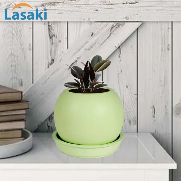 Peblo_Small_Mint_With_Plate_R3_Mint_Ceramic_Pots_For_Indoor_Plants,Planters,Flower,Gamla,Outdoor,Balcony,Home,Garden,Decor(Pot-H-7_X_D-9_Cm,Plate-H-1.5Xd-9.5Cm)