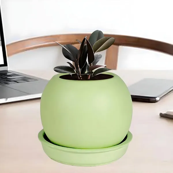 Peblo_Small_Mint_With_Plate_R3_Mint_Ceramic_Pots_For_Indoor_Plants,Planters,Flower,Gamla,Outdoor,Balcony,Home,Garden,Decor(Pot-H-7_X_D-9_Cm,Plate-H-1.5Xd-9.5Cm)