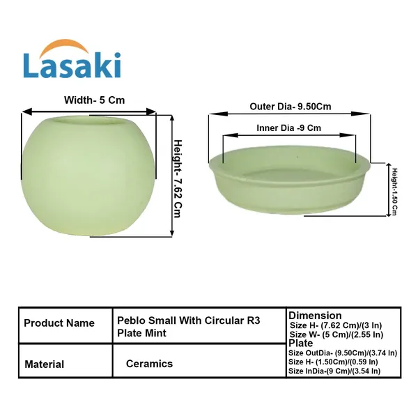 Peblo_Small_Mint_With_Plate_R3_Mint_Ceramic_Pots_For_Indoor_Plants,Planters,Flower,Gamla,Outdoor,Balcony,Home,Garden,Decor(Pot-H-7_X_D-9_Cm,Plate-H-1.5Xd-9.5Cm)