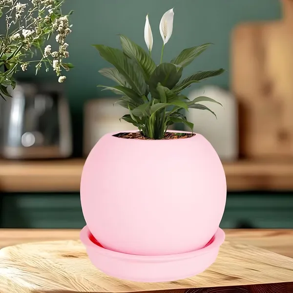Peblo_Small_Pink_With_Plate_R3_Pink_Ceramic_Pots_For_Indoor_Plants,Planters,Flower,Gamla,Outdoor,Balcony,Home,Garden,Decor(Pot-H-7_X_D-9_Cm,Plate-H-1.5Xd-9.5Cm)