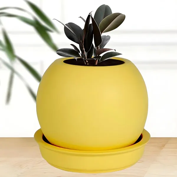 Peblo_Small_Saffron_With_Plate_R3_Saffron_Ceramic_Pots_For_Indoor_Plants,Planters,Flower,Gamla,Outdoor,Balcony,Home,Garden,Decor(Pot-H-7_X_D-9_Cm,Plate-H-1.5Xd-9.5Cm)