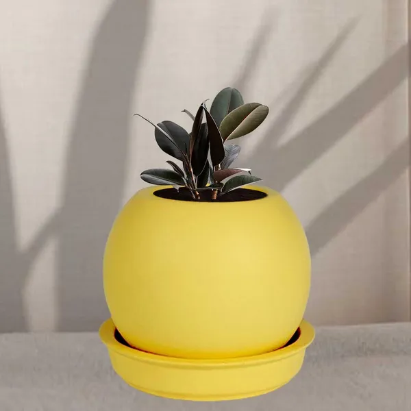 Peblo_Small_Saffron_With_Plate_R3_Saffron_Ceramic_Pots_For_Indoor_Plants,Planters,Flower,Gamla,Outdoor,Balcony,Home,Garden,Decor(Pot-H-7_X_D-9_Cm,Plate-H-1.5Xd-9.5Cm)