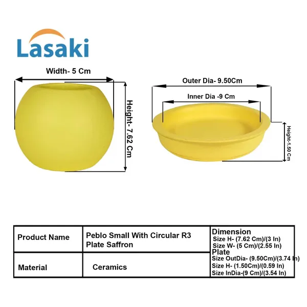 Peblo_Small_Saffron_With_Plate_R3_Saffron_Ceramic_Pots_For_Indoor_Plants,Planters,Flower,Gamla,Outdoor,Balcony,Home,Garden,Decor(Pot-H-7_X_D-9_Cm,Plate-H-1.5Xd-9.5Cm)