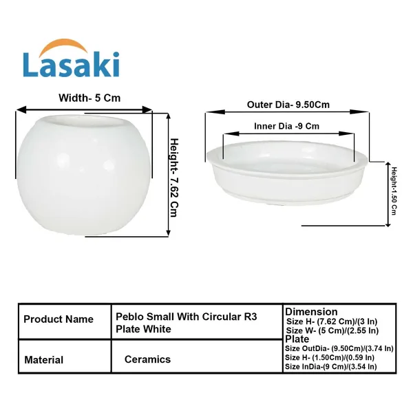 Peblo_Small_White_With_Plate_R3_White_Ceramic_Pots_For_Indoor_Plants,Planters,Flower,Gamla,Outdoor,Balcony,Home,Garden,Decor(Pot-H-7_X_D-9_Cm,Plate-H-1.5Xd-9.5Cm)