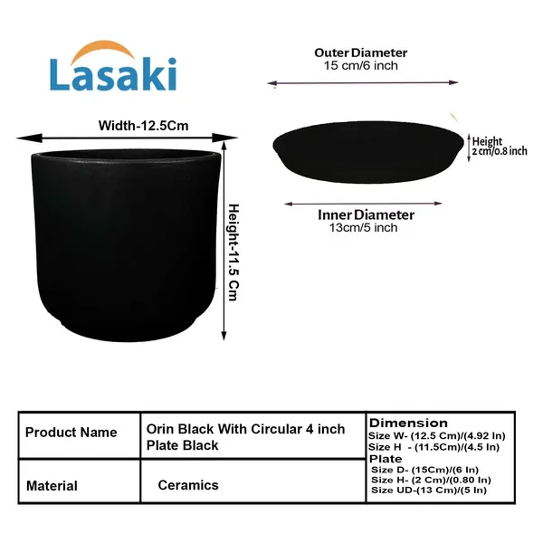 Orin_5D_Black_With_Plate_R4_Black_Ceramic_Pots_For_Indoor_Plants,Planters,Flower,Gamla,Outdoor,Balcony,Home,Garden,Decor(Pot-H-11.5_X_D-12.5_Cm,Plate-H-2Xd-13Cm)
