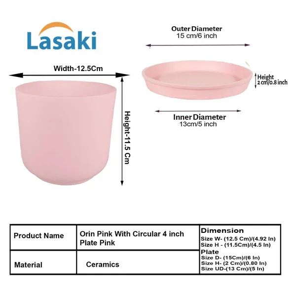 Orin_5D_Pink_With_Plate_R4_Pink_Ceramic_Pots_For_Indoor_Plants,Planters,Flower,Gamla,Outdoor,Balcony,Home,Garden,Decor(Pot-H-11.5_X_D-12.5_Cm,Plate-H-2Xd-13Cm)