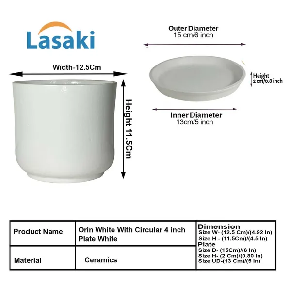 Orin_5D_White_With_Plate_R4_White_Ceramic_Pots_For_Indoor_Plants,Planters,Flower,Gamla,Outdoor,Balcony,Home,Garden,Decor(Pot-H-11.5_X_D-12.5_Cm,Plate-H-2Xd-13Cm)