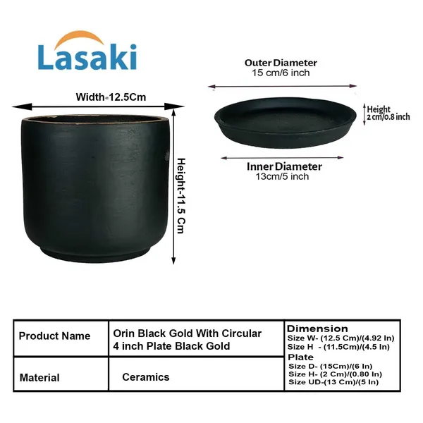 Orin_5D_Black_Gold_With_Plate_R4_Black_Ceramic_Pots_For_Indoor_Plants,Planters,Flower,Gamla,Outdoor,Balcony,Home,Garden,Decor(Pot-H-11.5_X_D-12.5_Cm,Plate-H-2Xd-13Cm)