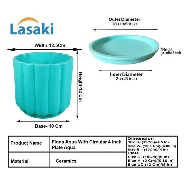 Flona_Aqua_With_Plate_R4_Aqua_Ceramic_Pots_For_Indoor_Plants,Planters,Flower,Gamla,Outdoor,Balcony,Home,Garden,Decor(Pot-H-11.5_X_D-12_Cm,Plate-H-2Xd-13Cm)