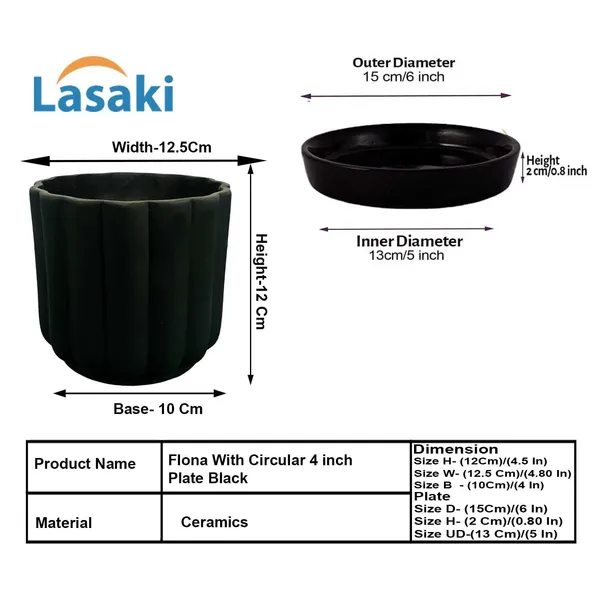 Flona_Black_With_Plate_R4_Black_Ceramic_Pots_For_Indoor_Plants,Planters,Flower,Gamla,Outdoor,Balcony,Home,Garden,Decor(Pot-H-11.5_X_D-12_Cm,Plate-H-2Xd-13Cm)