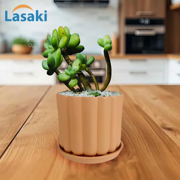 Flona_Ginger_With_Plate_R4_Ginger_Ceramic_Pots_For_Indoor_Plants,Planters,Flower,Gamla,Outdoor,Balcony,Home,Garden,Decor(Pot-H-11.5_X_D-12_Cm,Plate-H-2Xd-13Cm)