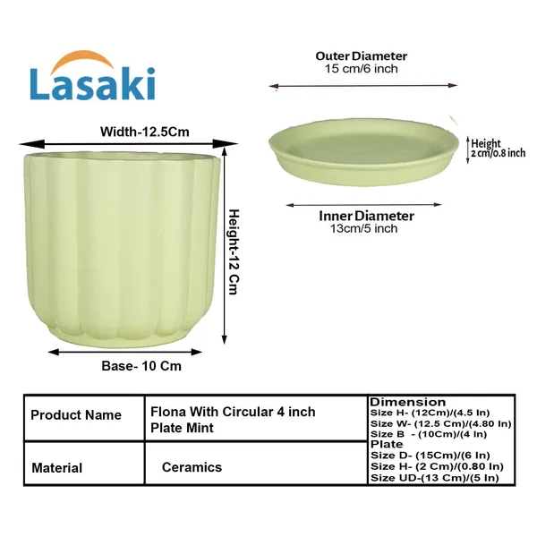 Flona_Mint_With_Plate_R4_Mint_Ceramic_Pots_For_Indoor_Plants,Planters,Flower,Gamla,Outdoor,Balcony,Home,Garden,Decor(Pot-H-11.5_X_D-12_Cm,Plate-H-2Xd-13Cm)